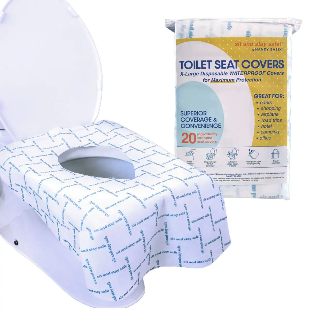 Handy Basix XL Full Coverage Disposable Toilet Seat Covers 20 Pcs | Waterproof & Individually Wrapped - main product image
