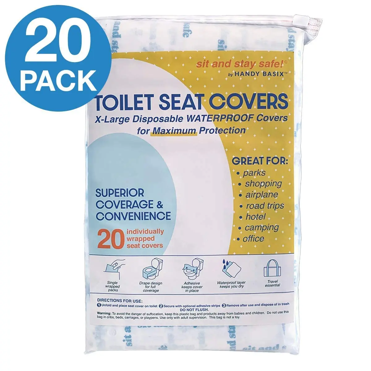 Handy Basix XL Full Coverage Disposable Toilet Seat Covers 20 Pcs | Waterproof & Individually Wrapped - view 3