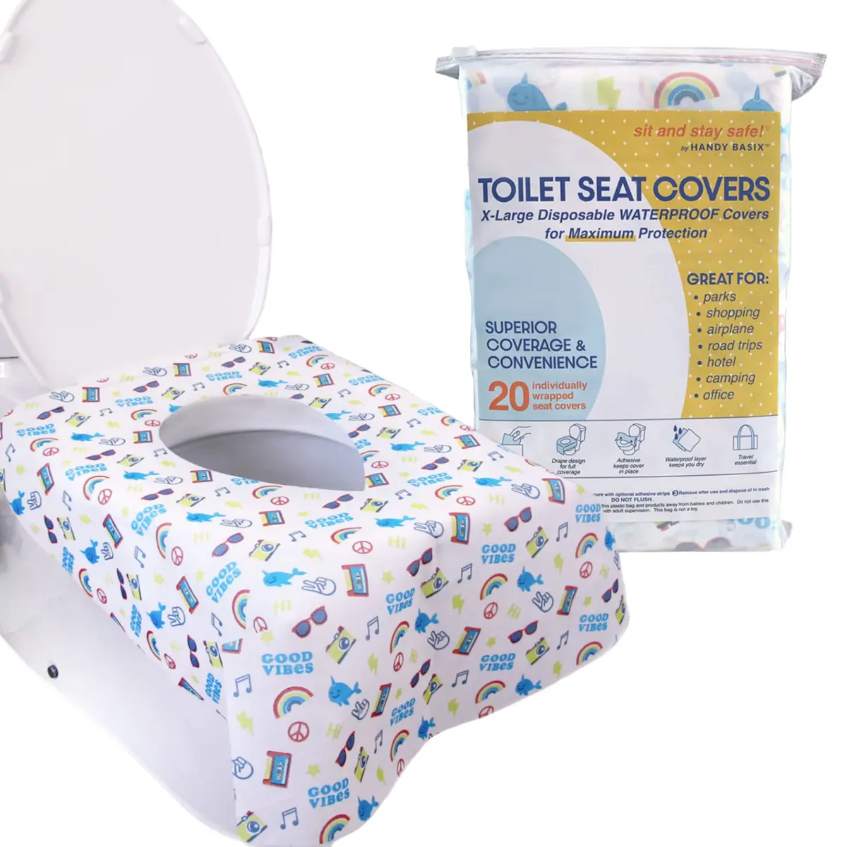 Handy Basix XL Full Coverage Disposable Toilet Seat Covers 20 Pcs (Good Vibes) | Waterproof & Individually Wrapped - main product image