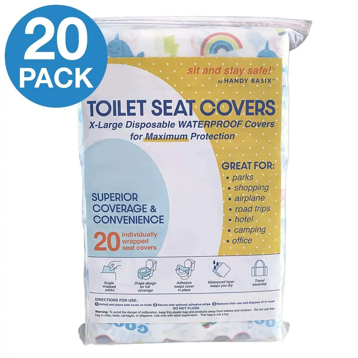 Handy Basix XL Full Coverage Disposable Toilet Seat Covers 20 Pcs (Good Vibes) | Waterproof & Individually Wrapped - view 3
