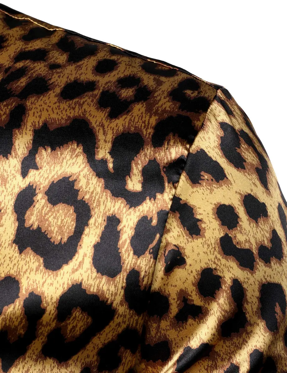 ZEROYAA Men's Slim Fit Leopard Printed Satin Shirt Large | Party & Prom Ready - view 5