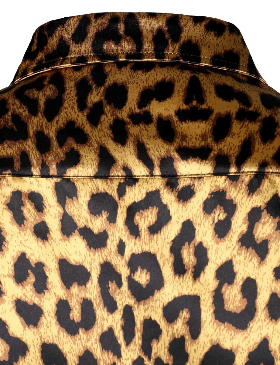 ZEROYAA Men's Slim Fit Leopard Printed Satin Shirt Large | Party & Prom Ready - view 6