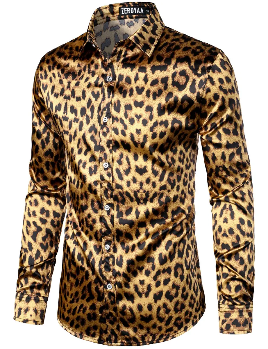 ZEROYAA Men's Slim Fit Leopard Printed Satin Shirt Large | Party & Prom Ready - view 3