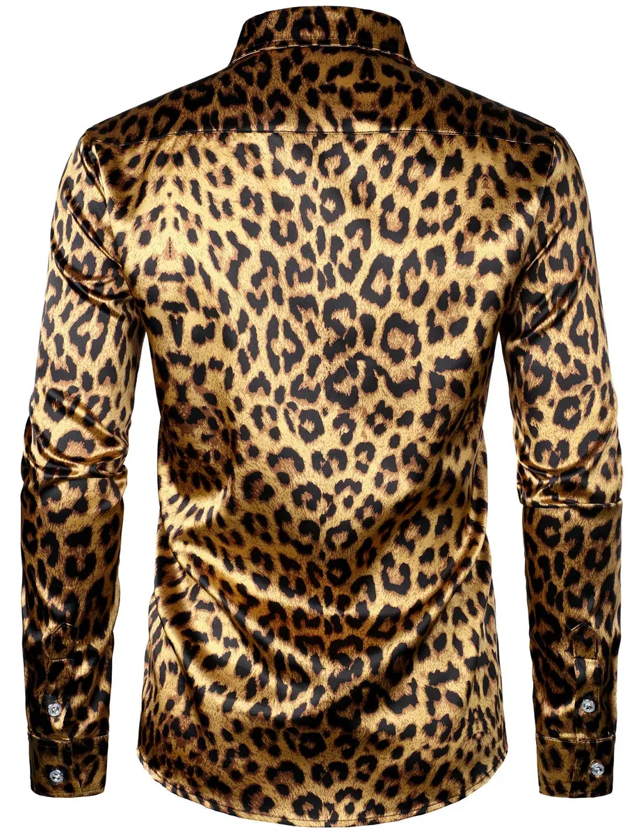 ZEROYAA Men's Slim Fit Leopard Printed Satin Shirt Large | Party & Prom Ready - view 4