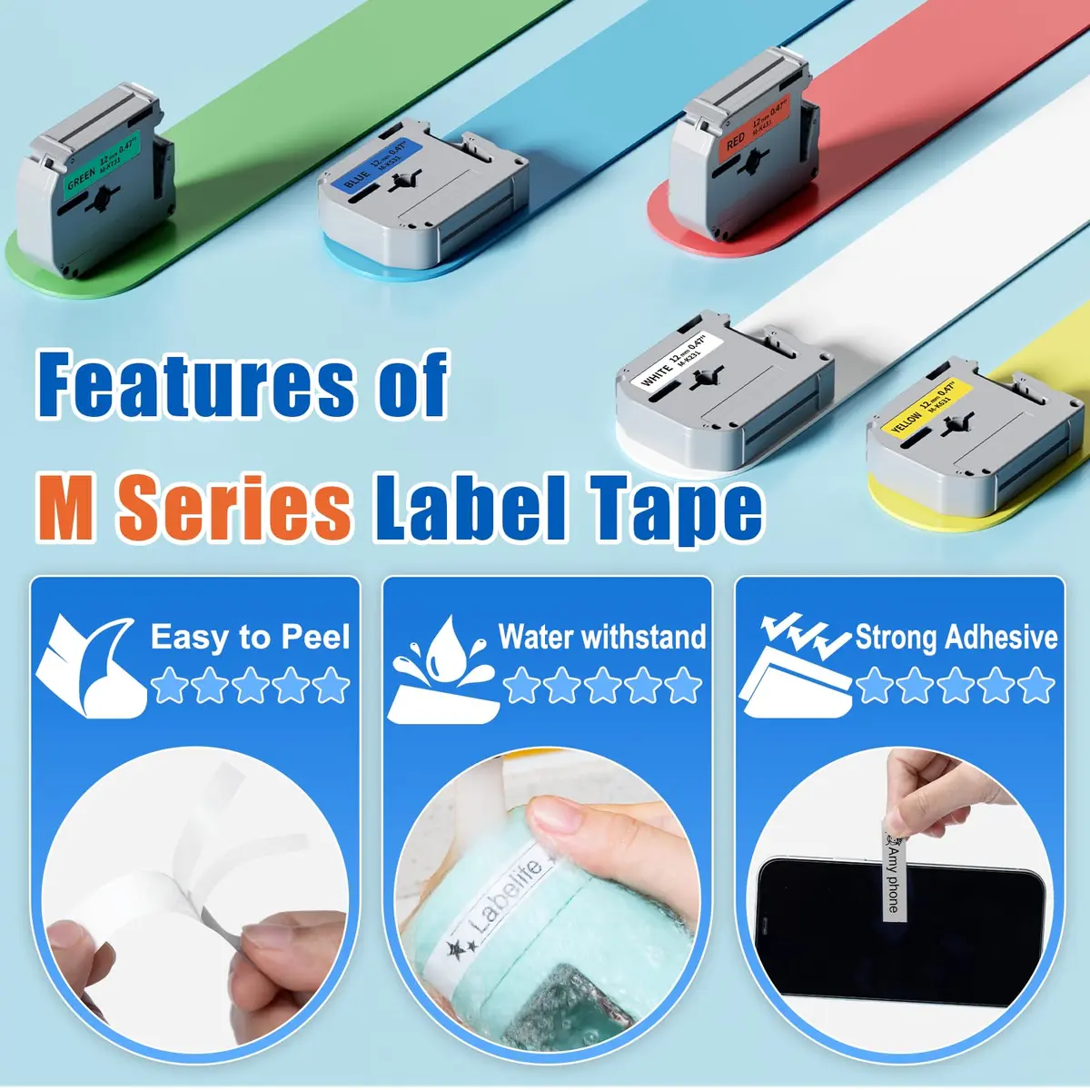 Labelife Compatible Brother M Tape 12mm 0.47 Color P Touch PTM95 Label Tape | Waterproof, Indoor Use, 6-Color Pack - view 4