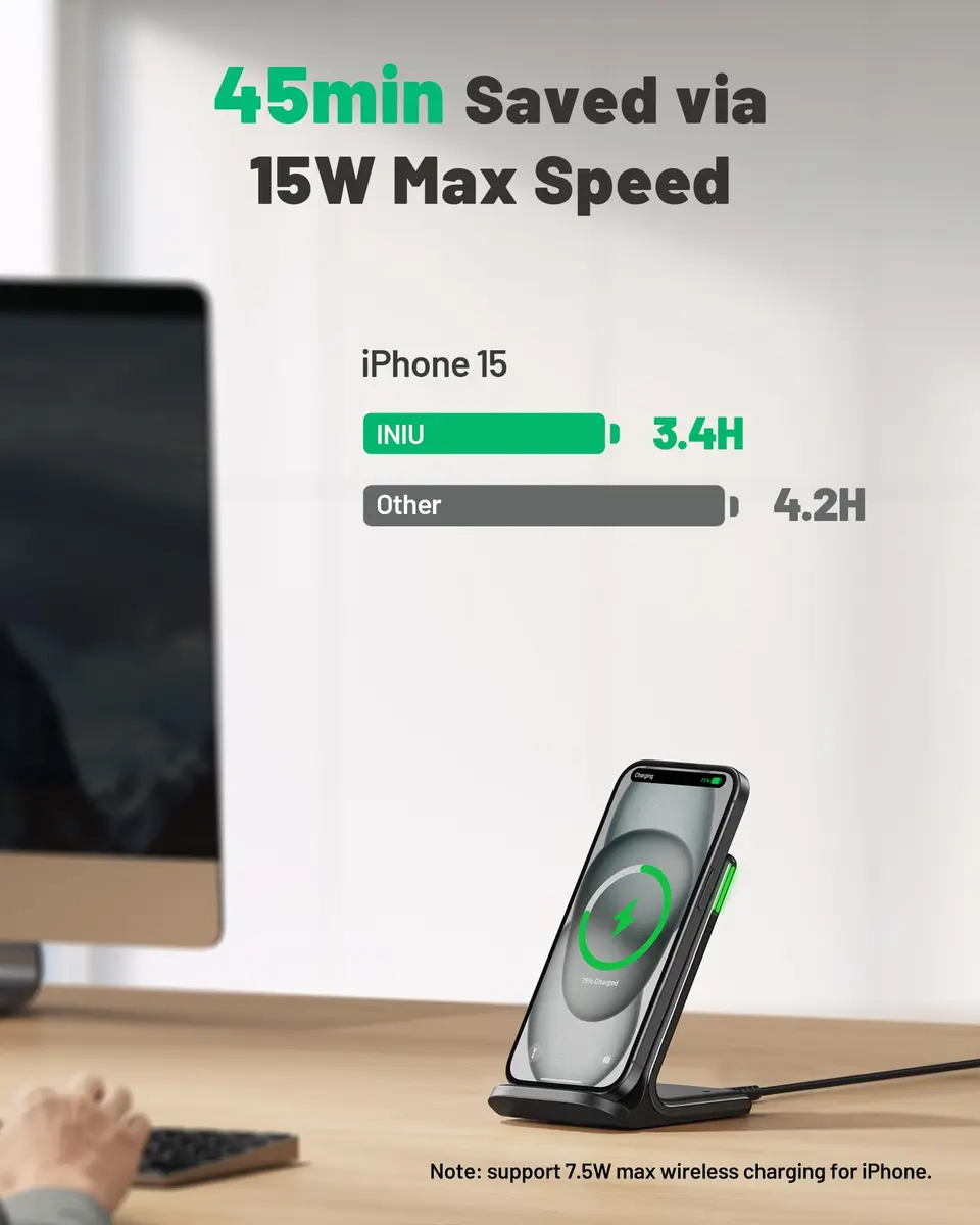 INIU Wireless Charger 15W | Fast Charging Stand with LED & Temp°Guard - view 2