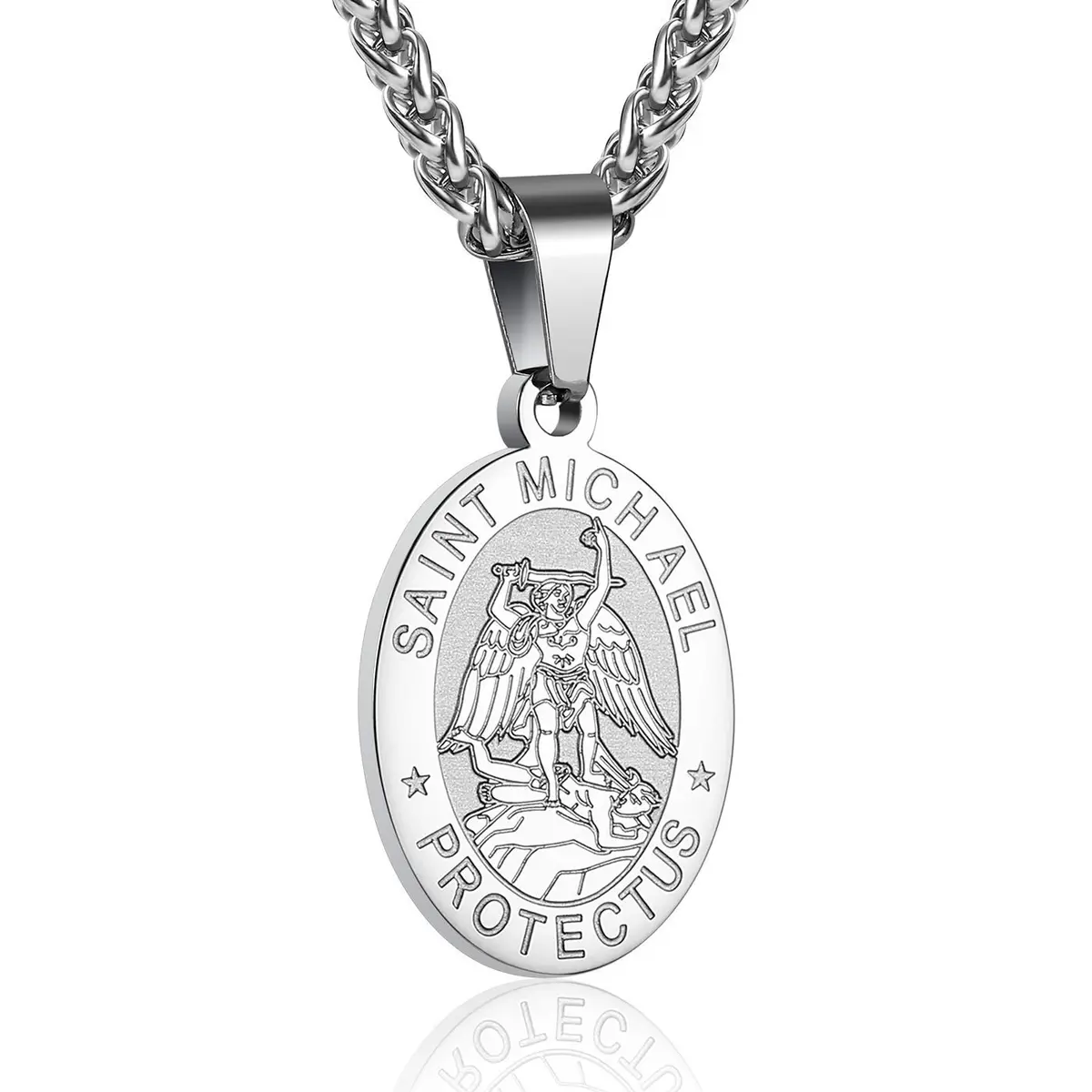 P. BLAKE St. Michael Pendant Necklace for Men & Boys, 27mm x 18mm Stainless Steel Medal with 61cm (24-inch) Wheat Chain | Spiritual Protection Jewelry - main product image