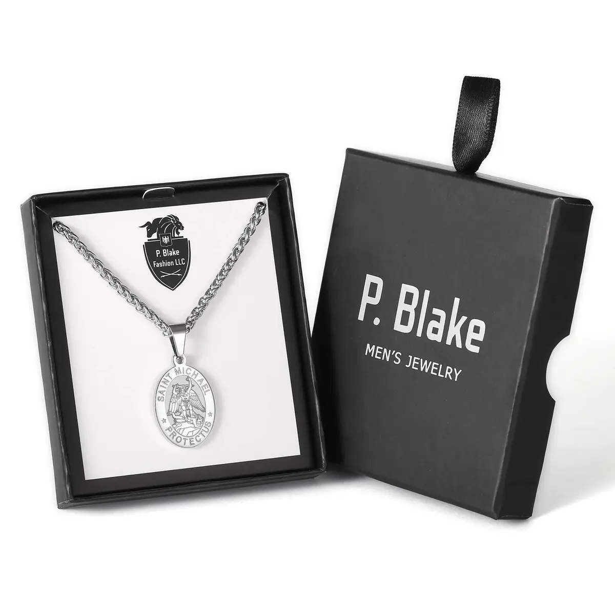 P. BLAKE St. Michael Pendant Necklace for Men & Boys, 27mm x 18mm Stainless Steel Medal with 61cm (24-inch) Wheat Chain | Spiritual Protection Jewelry - view 6