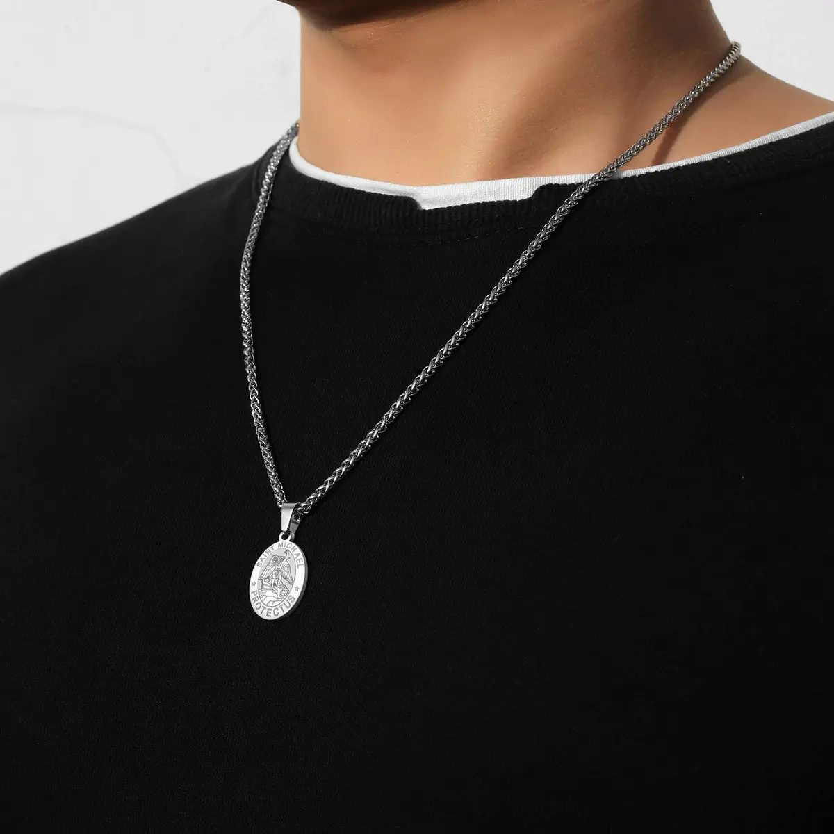 P. BLAKE St. Michael Pendant Necklace for Men & Boys, 27mm x 18mm Stainless Steel Medal with 61cm (24-inch) Wheat Chain | Spiritual Protection Jewelry - view 2