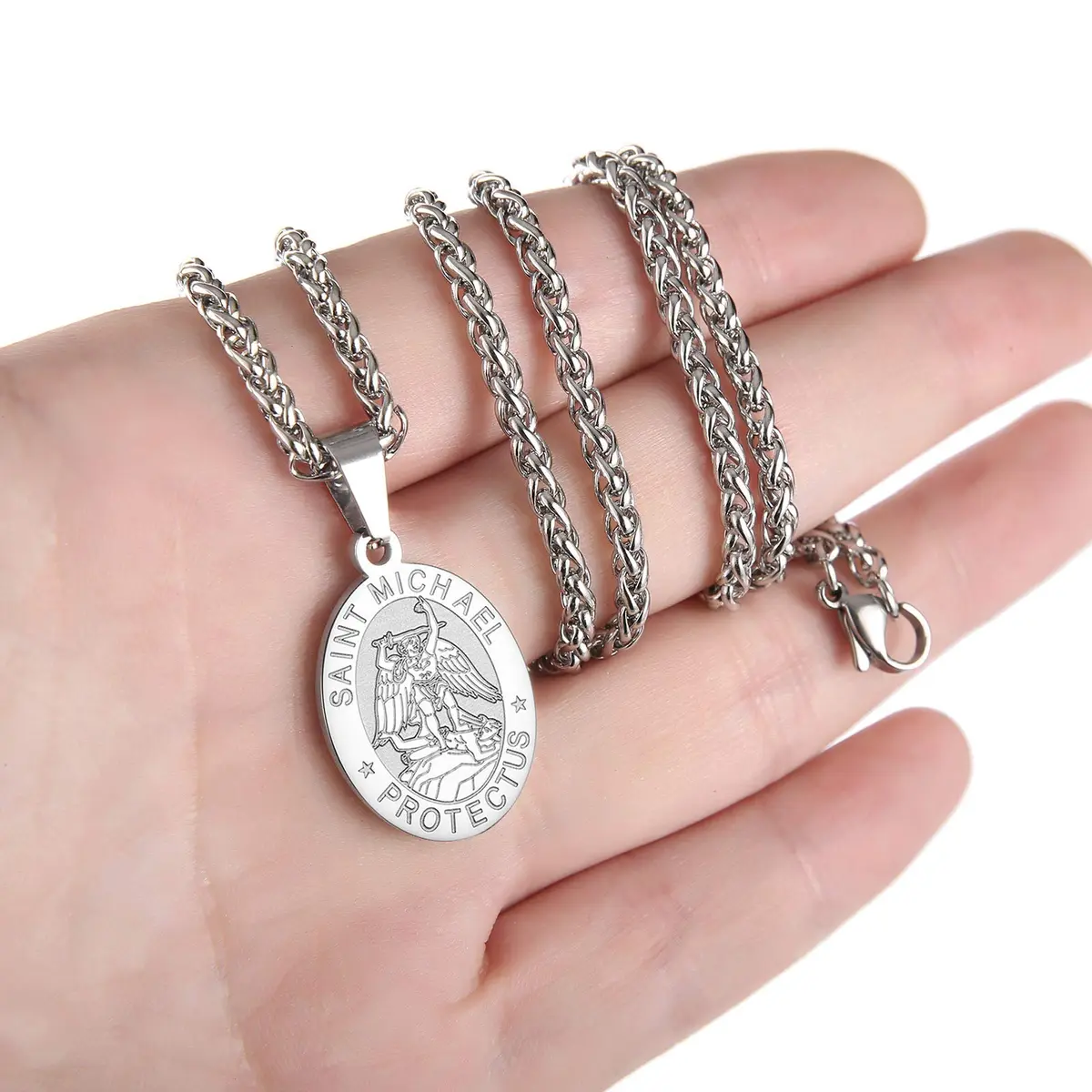 P. BLAKE St. Michael Pendant Necklace for Men & Boys, 27mm x 18mm Stainless Steel Medal with 61cm (24-inch) Wheat Chain | Spiritual Protection Jewelry - view 3