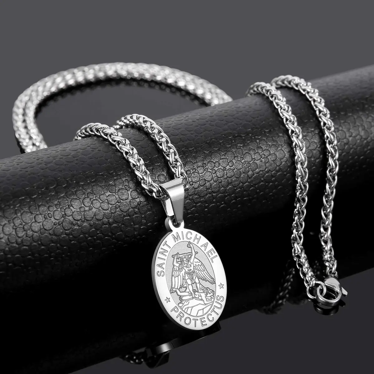 P. BLAKE St. Michael Pendant Necklace for Men & Boys, 27mm x 18mm Stainless Steel Medal with 61cm (24-inch) Wheat Chain | Spiritual Protection Jewelry - view 4
