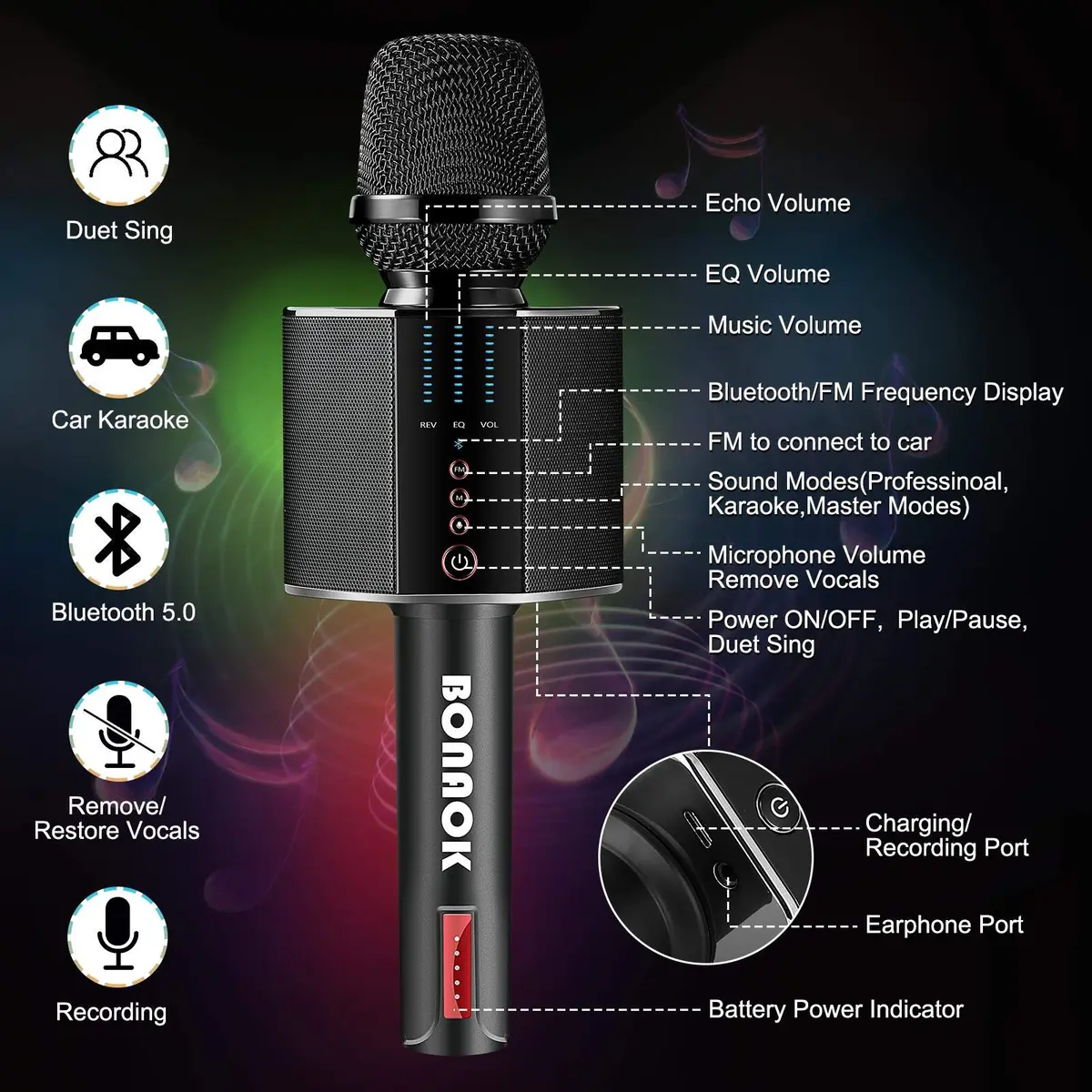 BONAOK G50 Wireless Bluetooth Karaoke Microphone with 26W Stereo Speakers, Rechargeable Mic for PC/Smartphone, Black | Dual Karaoke Functionality - view 6