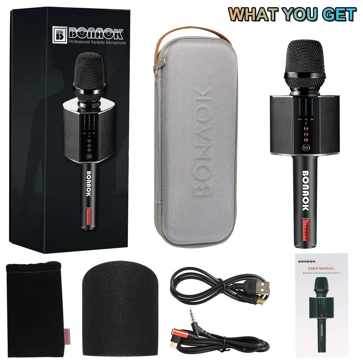 BONAOK G50 Wireless Bluetooth Karaoke Microphone with 26W Stereo Speakers, Rechargeable Mic for PC/Smartphone, Black | Dual Karaoke Functionality - view 7