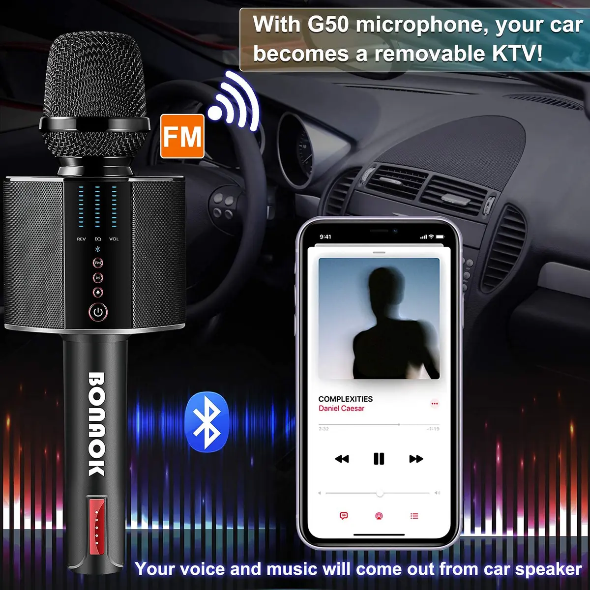 BONAOK G50 Wireless Bluetooth Karaoke Microphone with 26W Stereo Speakers, Rechargeable Mic for PC/Smartphone, Black | Dual Karaoke Functionality - view 3