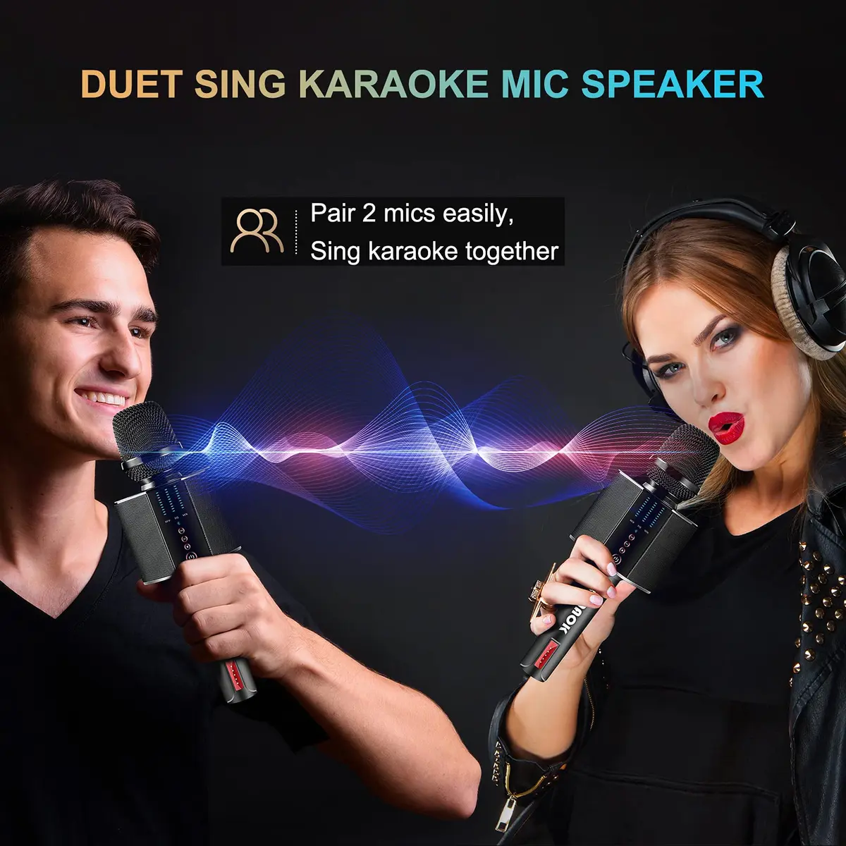 BONAOK G50 Wireless Bluetooth Karaoke Microphone with 26W Stereo Speakers, Rechargeable Mic for PC/Smartphone, Black | Dual Karaoke Functionality - view 4