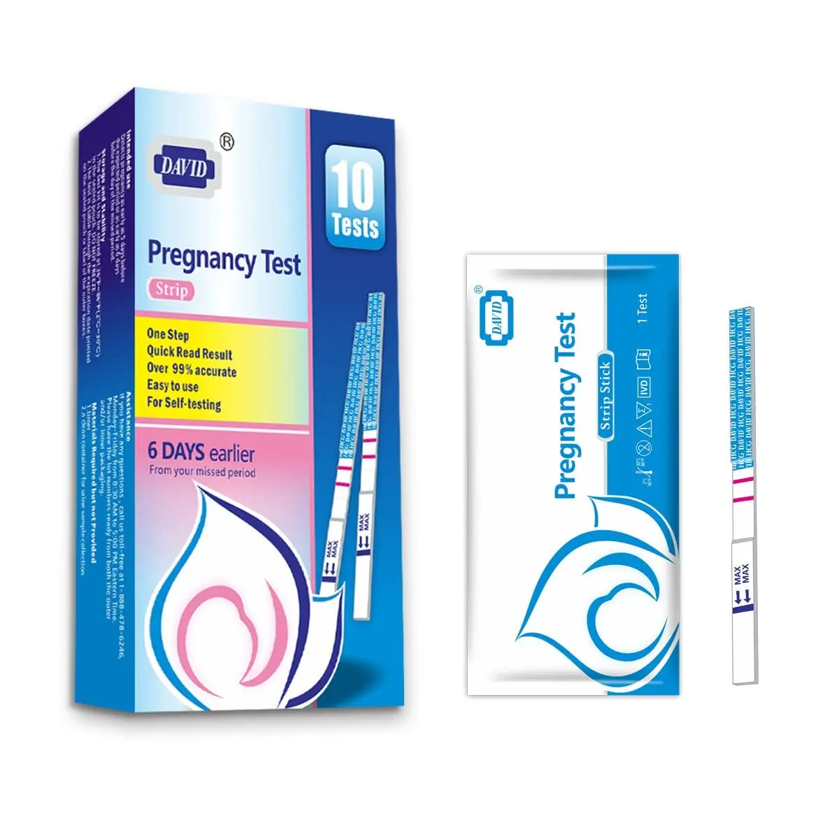 DAVID Pregnancy Test Strips, HCG Urine Test Kit, 10 Count | Early Detection & Accurate Results - main product image
