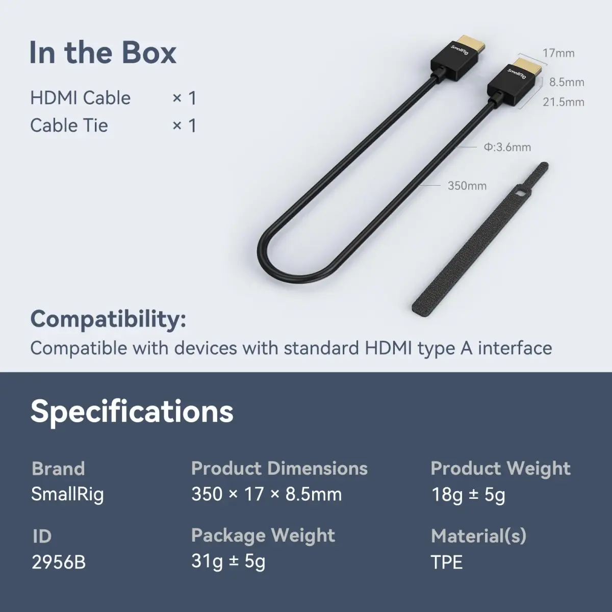 SMALLRIG Ultra-Slim HDMI Cable 35cm (1.15ft) | 4K@60Hz HDMI 2.0 Cord for Cameras, Monitors, Gimbals - view 7