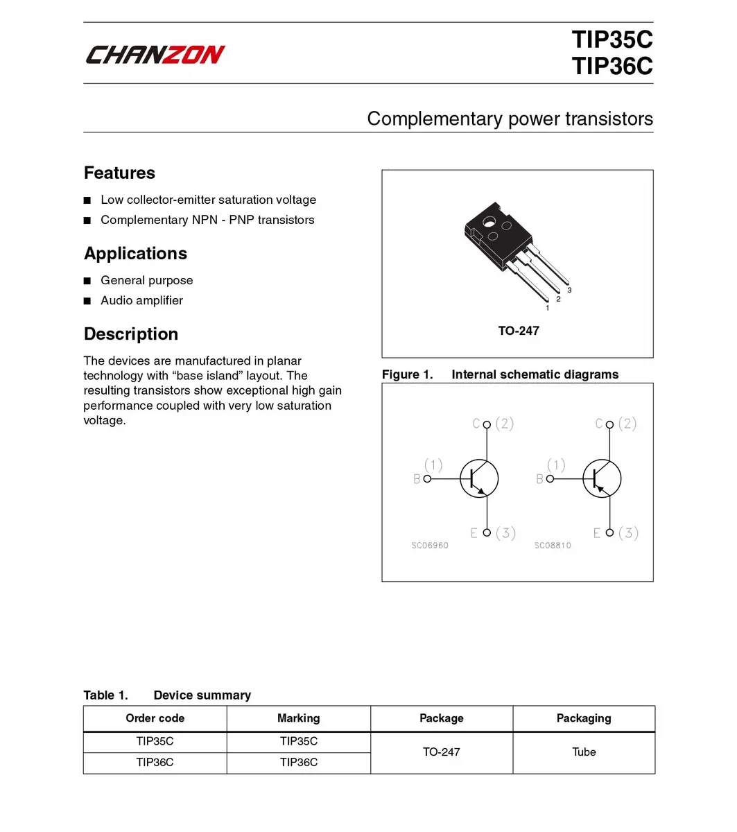 CHANZON TIP36C PNP Power BJT Bipolar Junction Transistor | High Gain, TO-247, 100V, 25A - view 5
