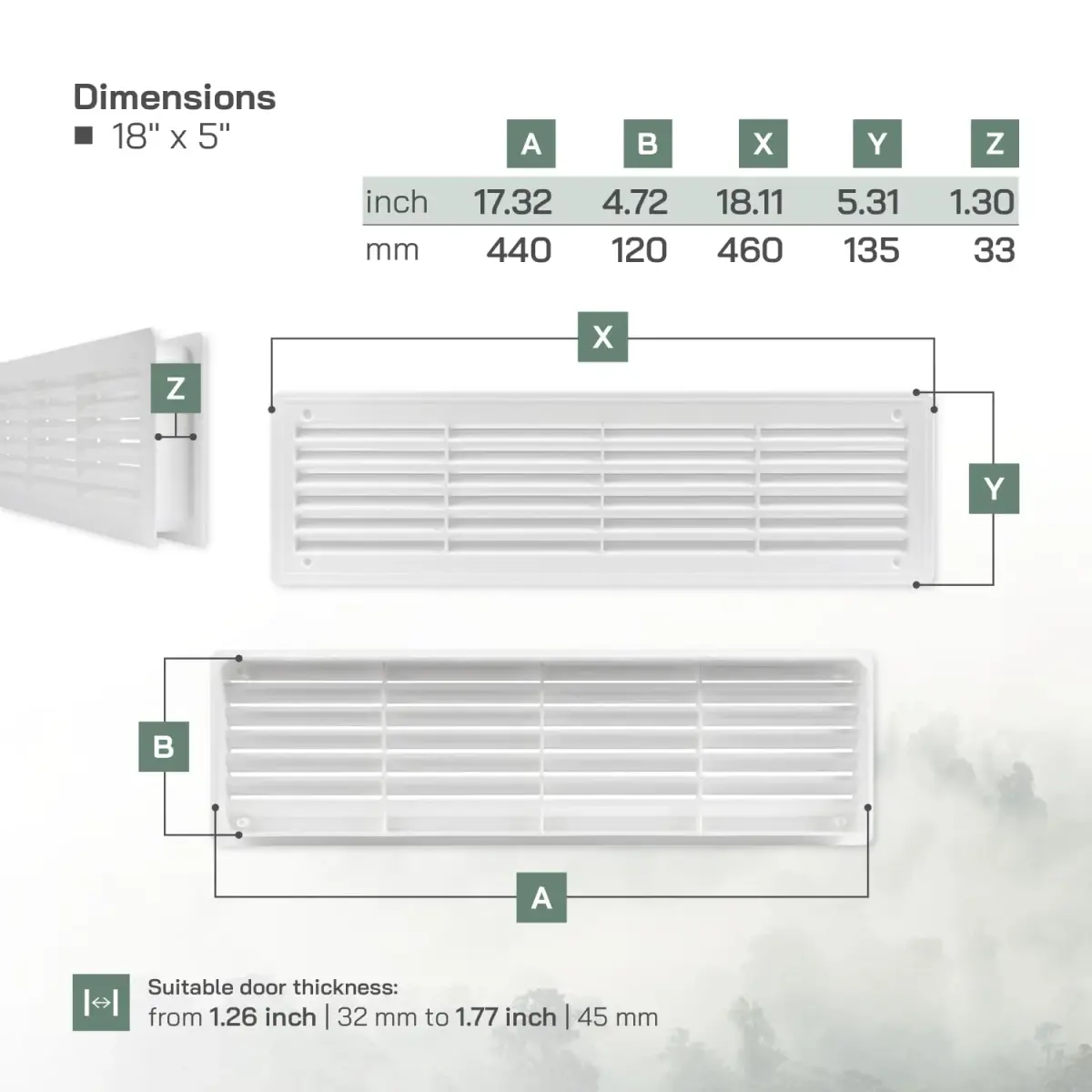 Vent Systems White Plastic Door Air Vent Cover Grill 45cm (18" x 5") | Improves Airflow Between Rooms - view 2