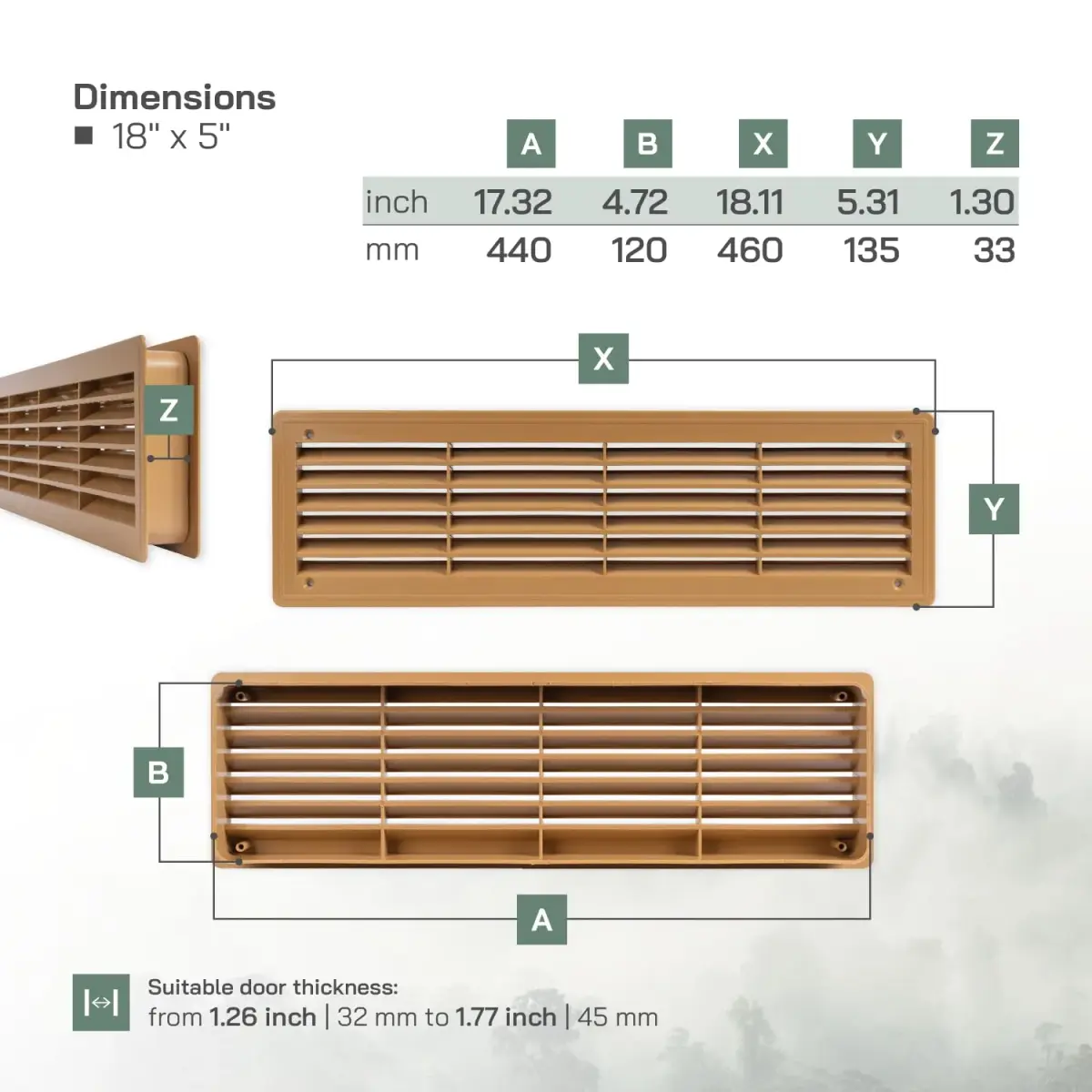 Vent Systems 18" x 5" Plastic Wood Color Door Air Vent Cover | 46cm x 13.5cm Louvered Register Grille for Interior Doors - view 2