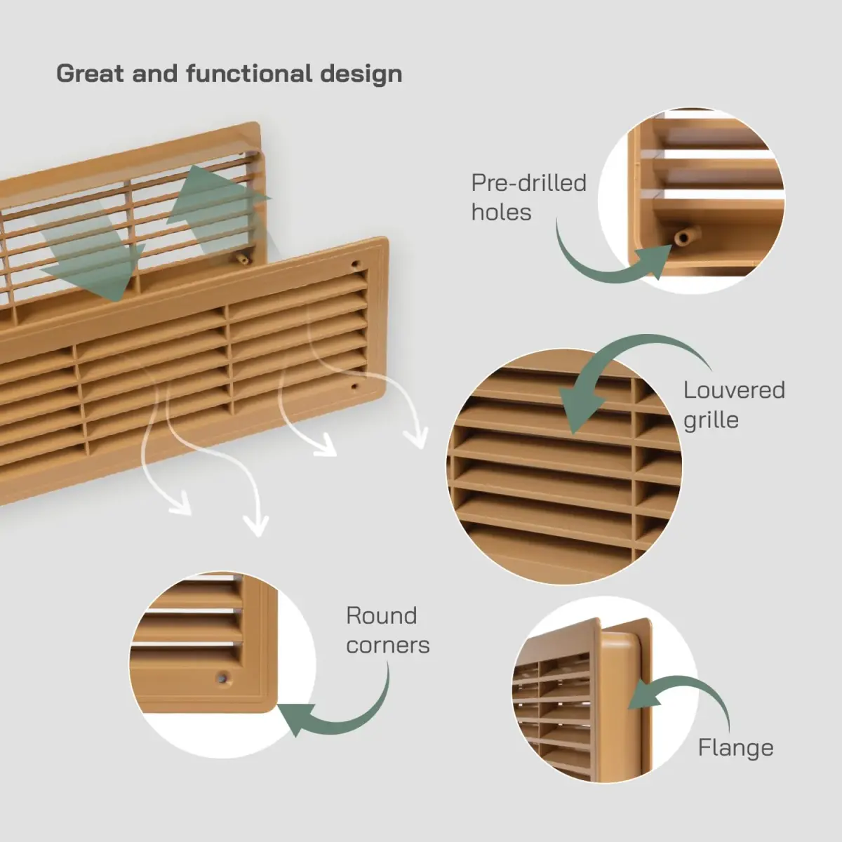 Vent Systems 18" x 5" Plastic Wood Color Door Air Vent Cover | 46cm x 13.5cm Louvered Register Grille for Interior Doors - view 3