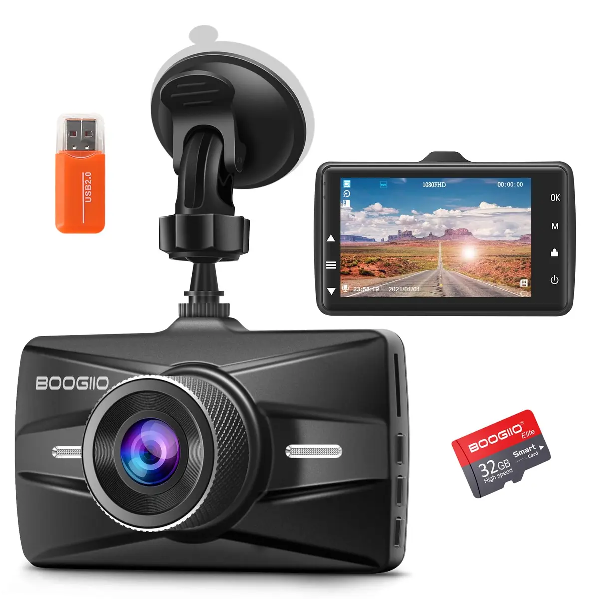 BOOGIIO 1080P Dash Cam with 32GB SD Card, 3-inch IPS Screen, 170° Wide Angle, Aluminum Alloy Case | Night Vision, WDR, Parking Monitor - main product image
