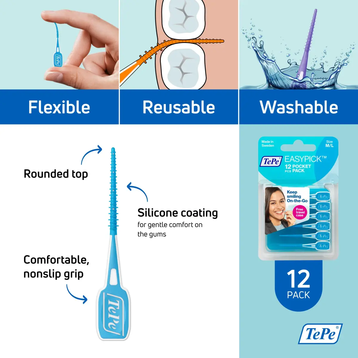 TePe EasyPicks Dental Floss Picks M/L, Blue, 12 Count | Silicone Coated for Gentle Plaque Removal - view 5