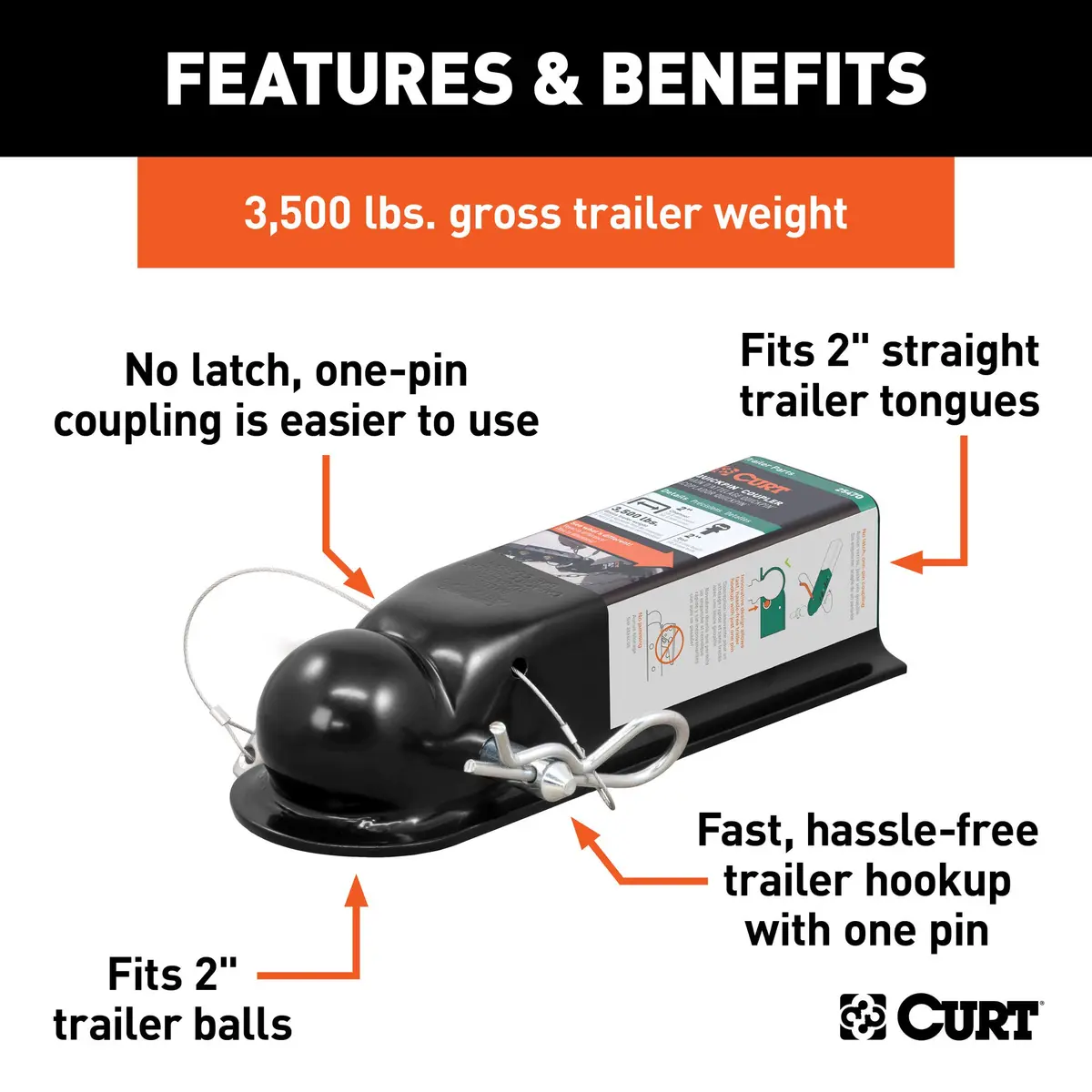 CURT QuickPin No-Latch Trailer Coupler for 2-Inch Hitch Ball | Hassle-Free Towing, SAE J684 Rated - view 3