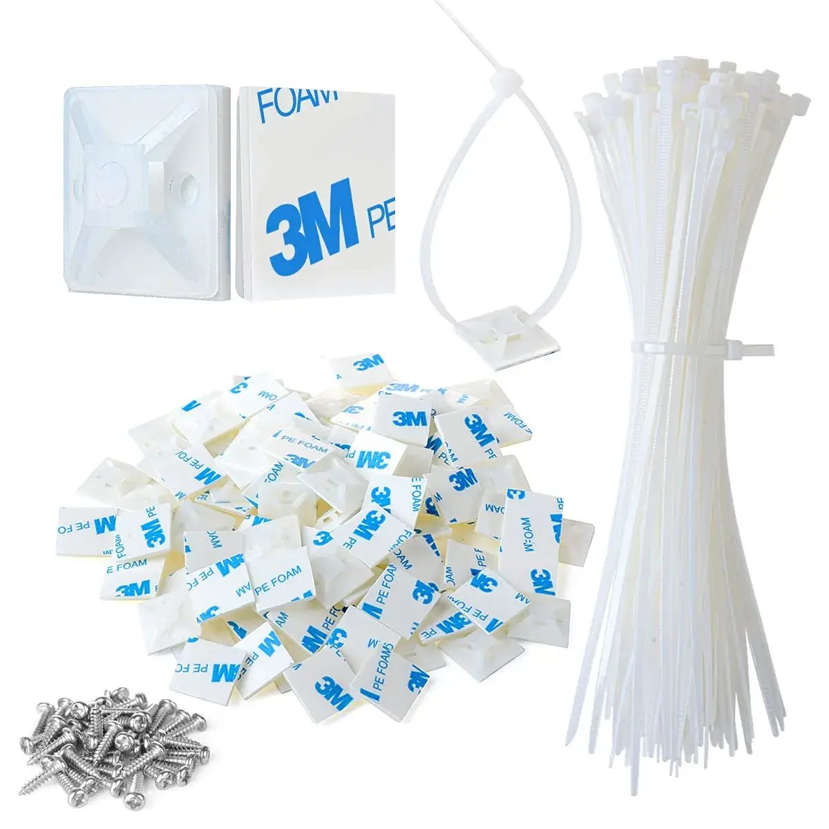 XHF White 200-Piece Cable Tie Mounts with 8" Ties & Screws | Strong Adhesive for Cable Management - main product image