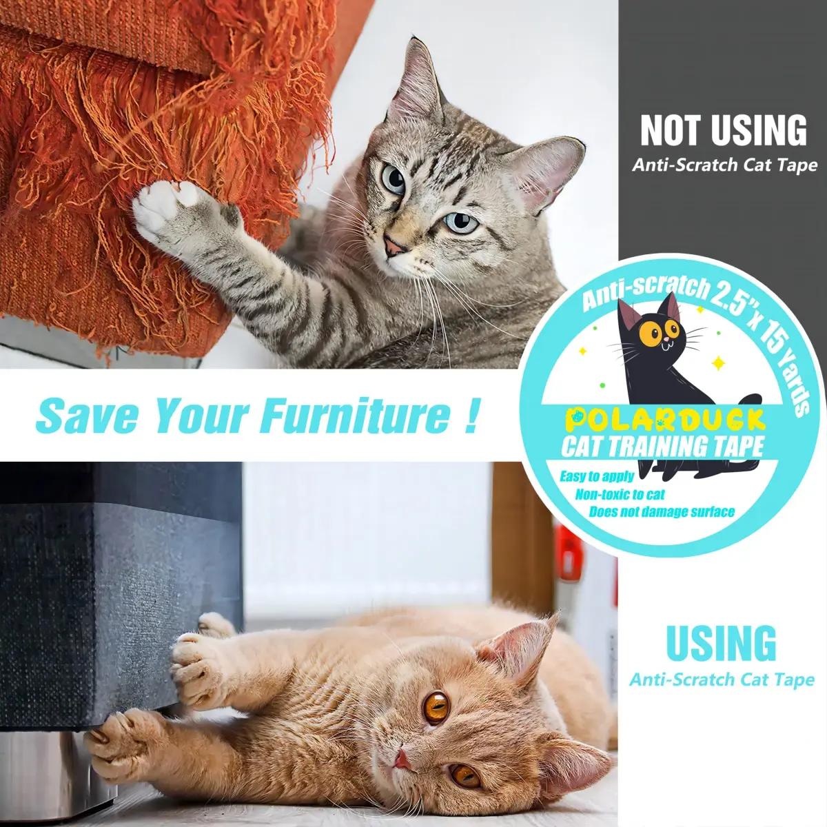 Polarduck Clear Cat Scratch Tape 2.5 inches x 15 Yards | Protects Furniture from Cat Scratches - view 2