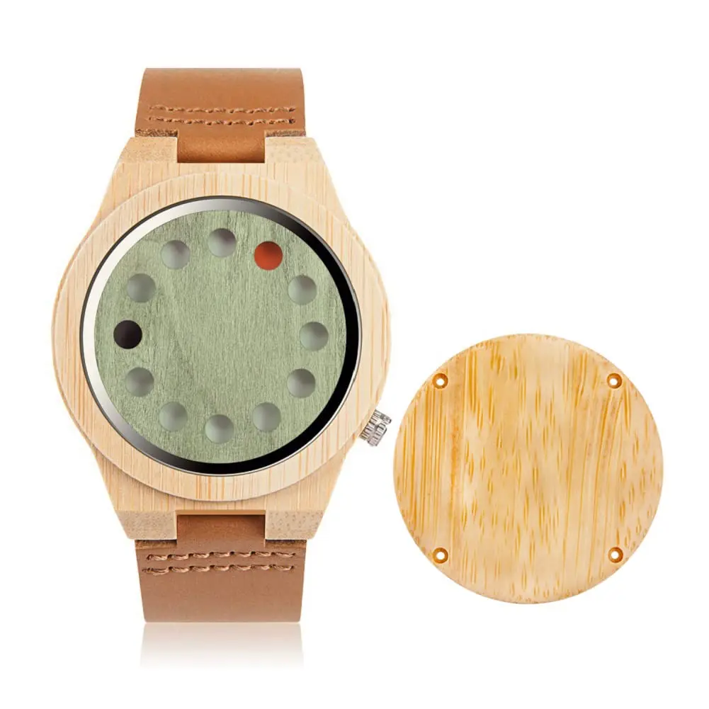 BOBO BIRD Men's Bamboo Wooden Watch with Black Leather Strap & 12-Hole Timer Design | Japanese Quartz Movement - main product image