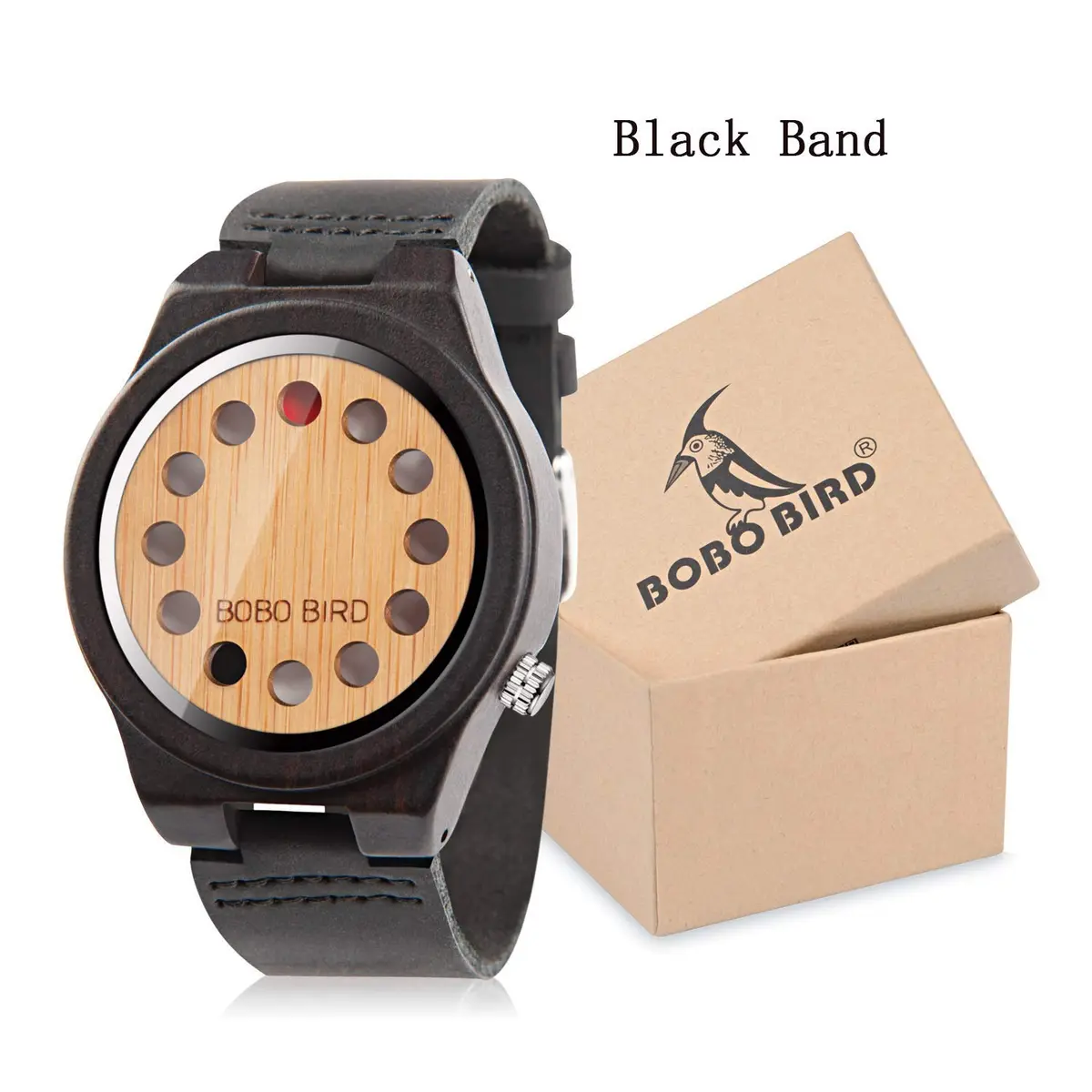 BOBO BIRD Men's Bamboo Wooden Watch with Black Leather Strap & 12-Hole Timer Design | Japanese Quartz Movement - view 3