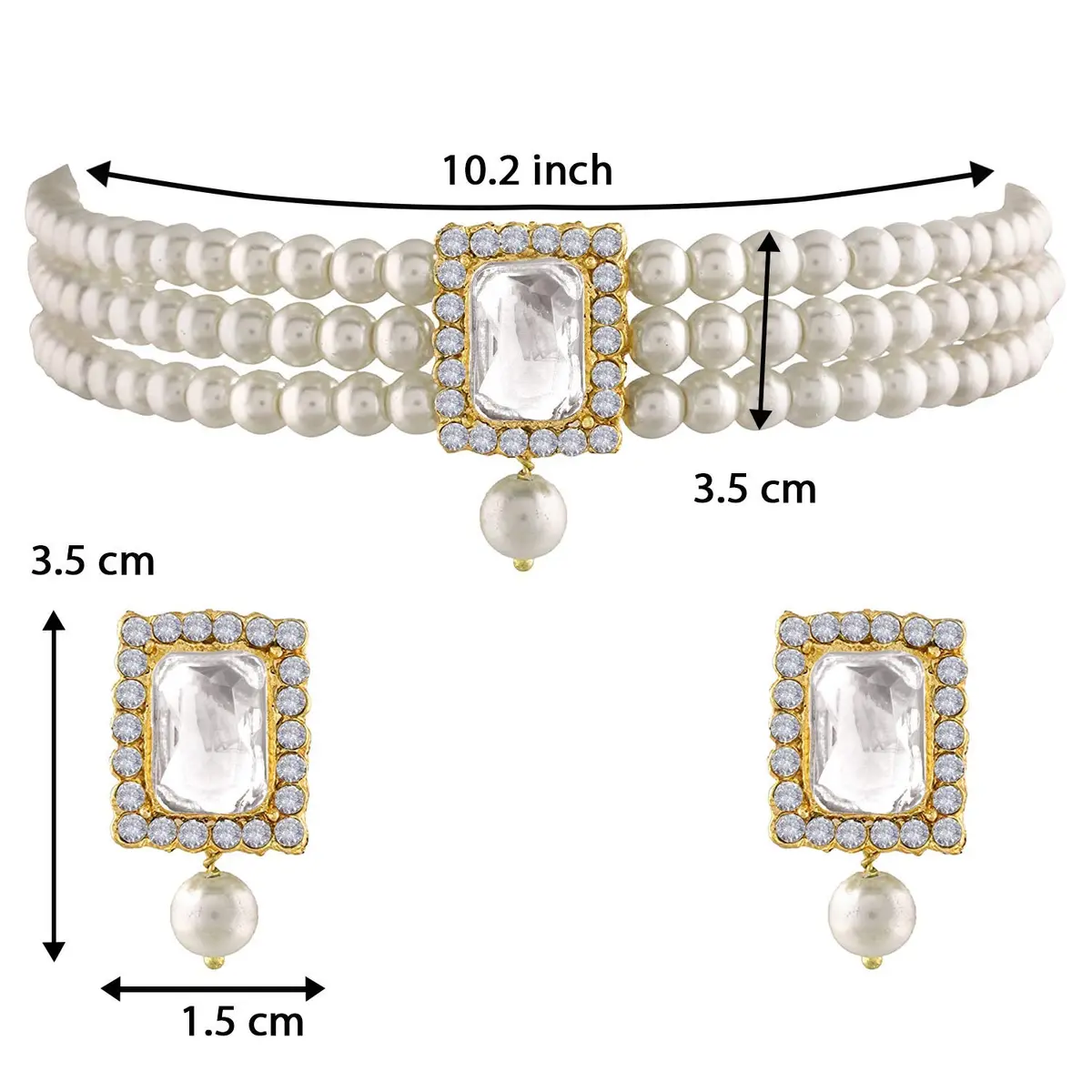 I Jewels Traditional Indian Bride Stone Pearl Choker Necklace & Earring Set | 26 cm Necklace Length - view 4