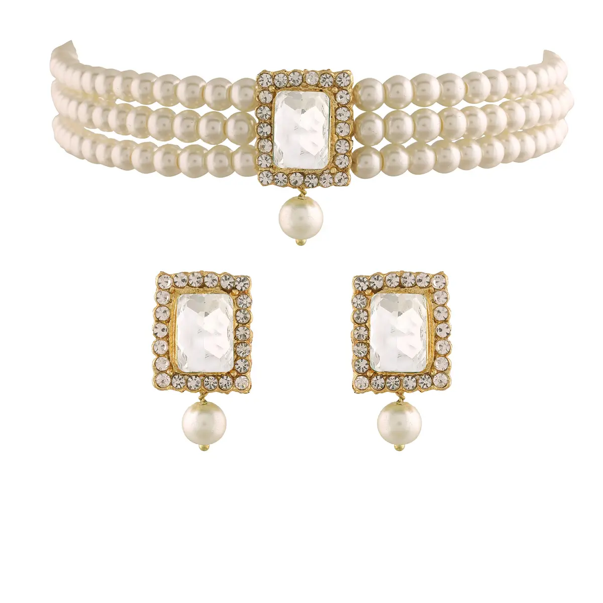 I Jewels Traditional Indian Bride Stone Pearl Choker Necklace & Earring Set | 26 cm Necklace Length - main product image