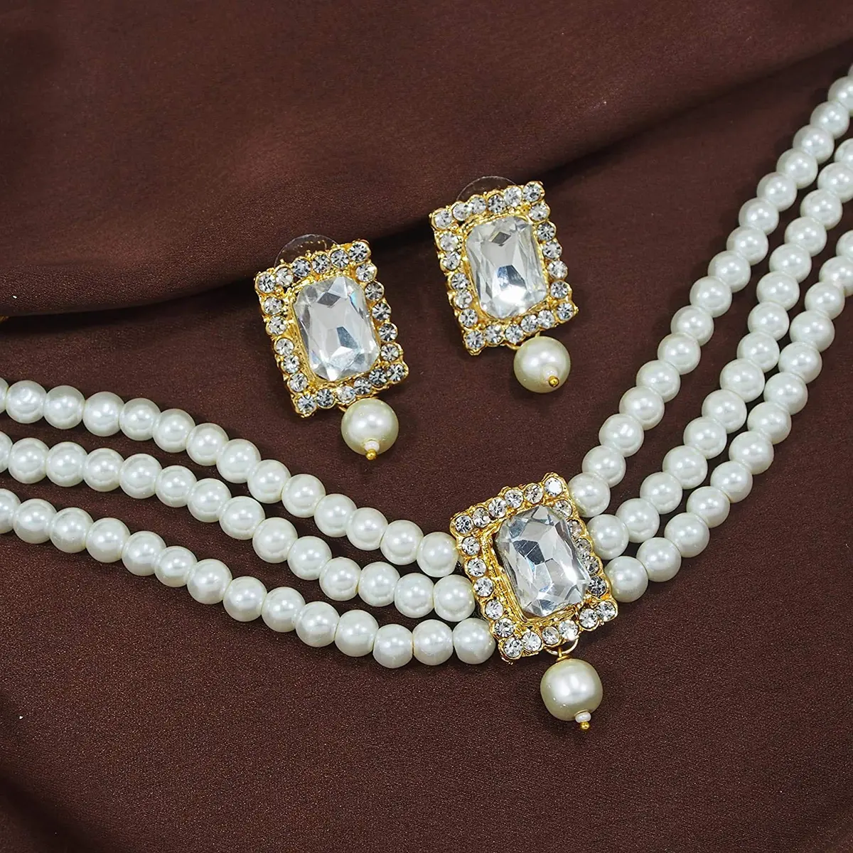I Jewels Traditional Indian Bride Stone Pearl Choker Necklace & Earring Set | 26 cm Necklace Length - view 2