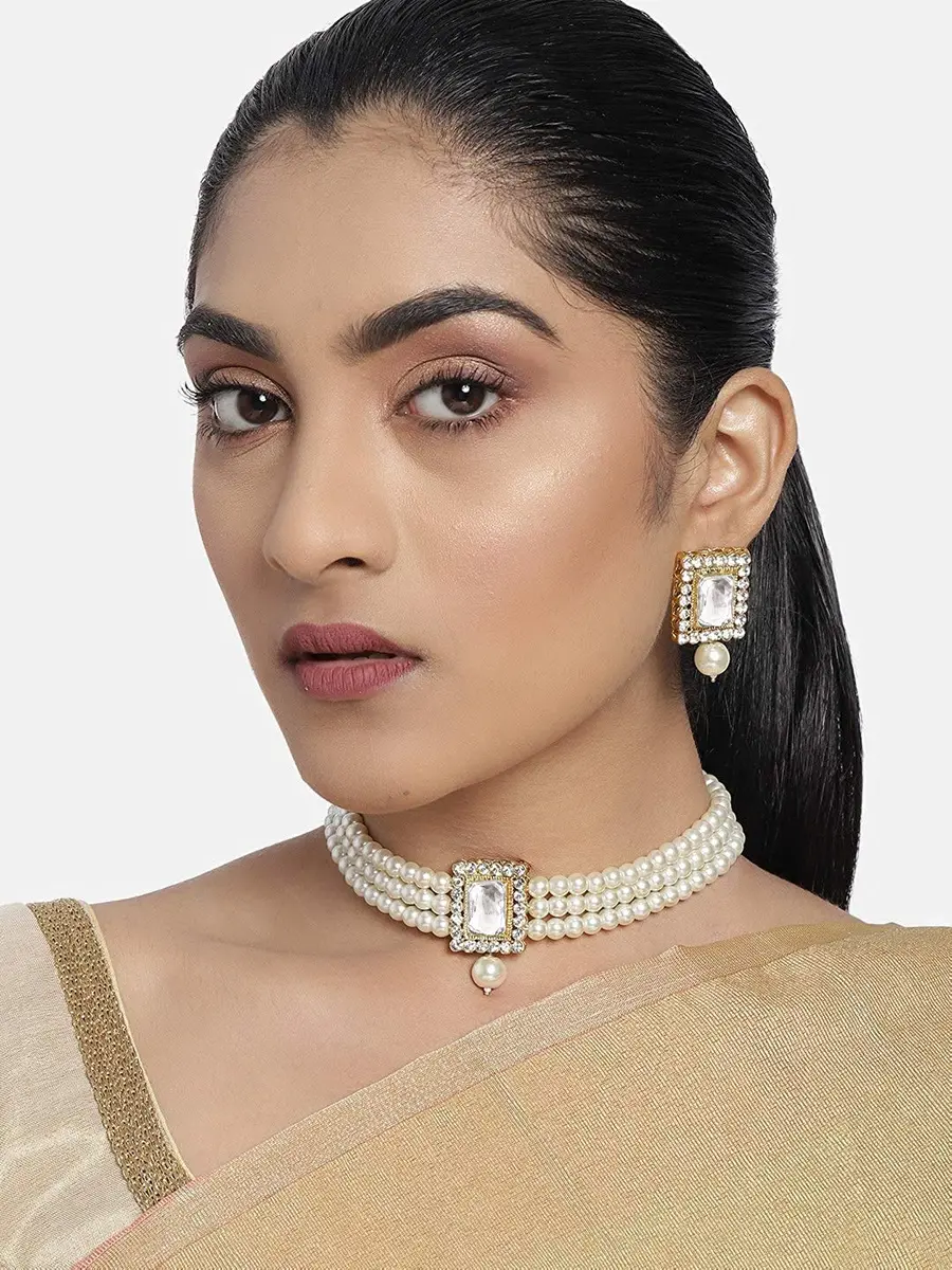 I Jewels Traditional Indian Bride Stone Pearl Choker Necklace & Earring Set | 26 cm Necklace Length - view 3