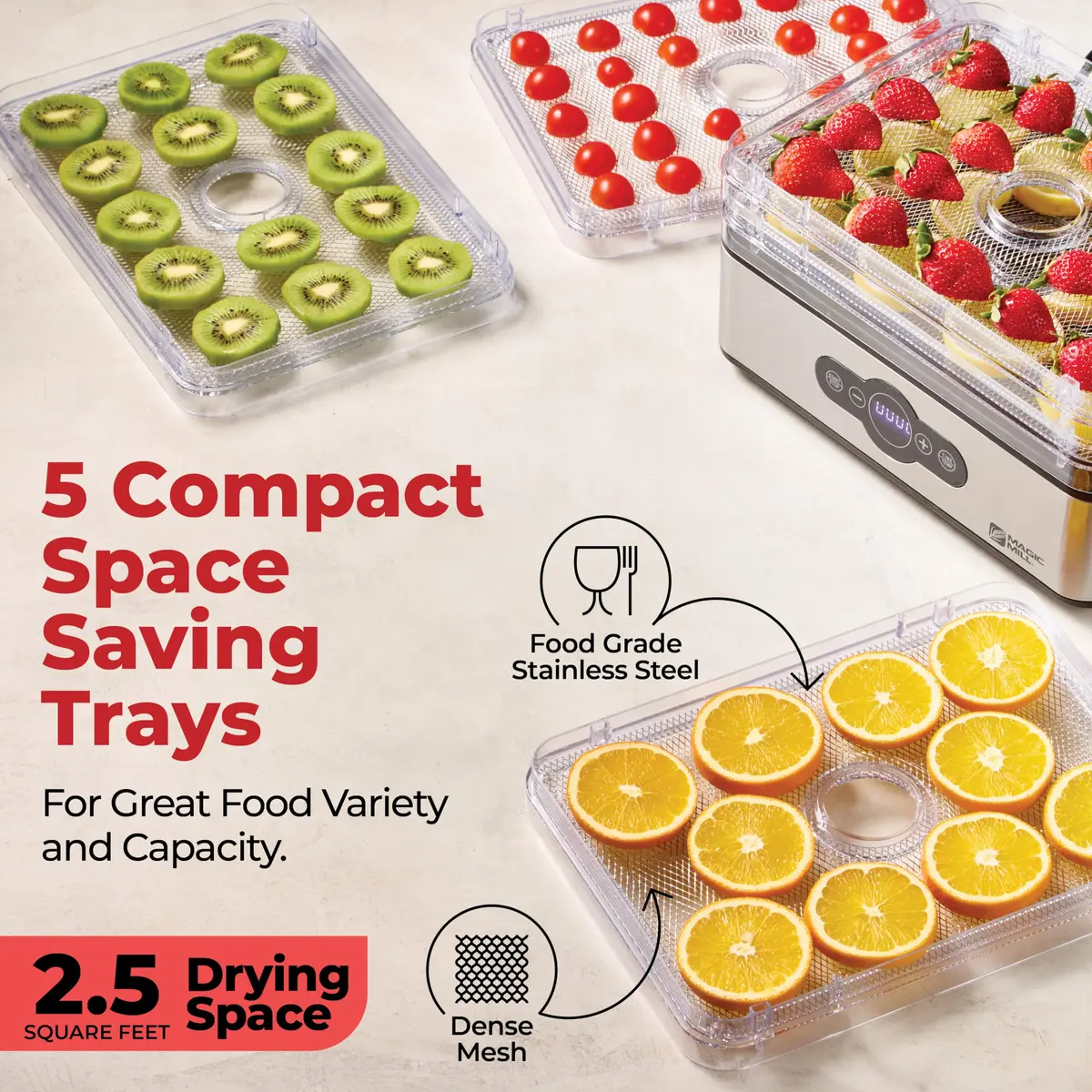 Magic Mill Food Dehydrator Machine | 5 Stackable Stainless Steel Trays, 48H Digital Timer & Temperature Control Up to 167°F - view 6