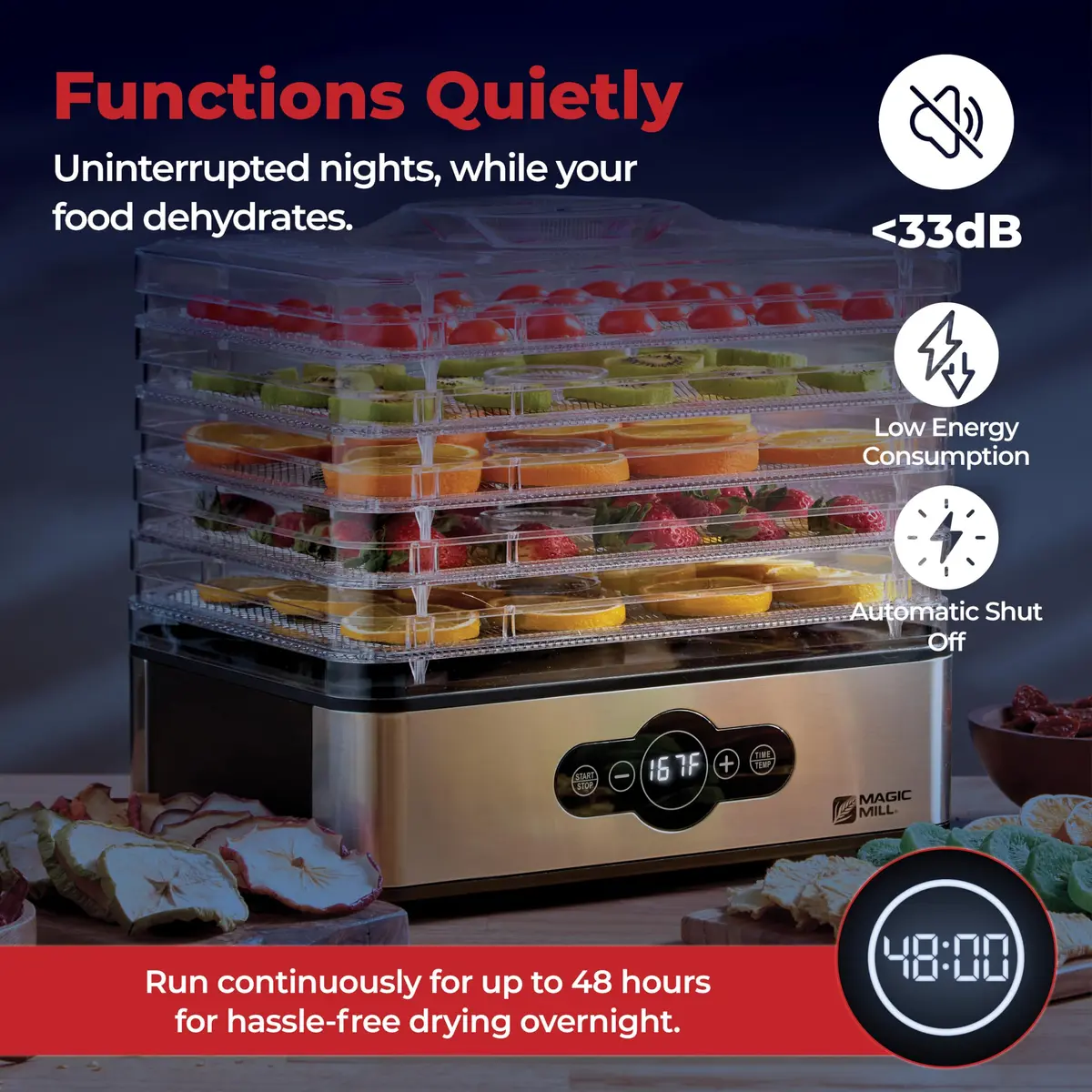 Magic Mill Food Dehydrator Machine | 5 Stackable Stainless Steel Trays, 48H Digital Timer & Temperature Control Up to 167°F - view 9