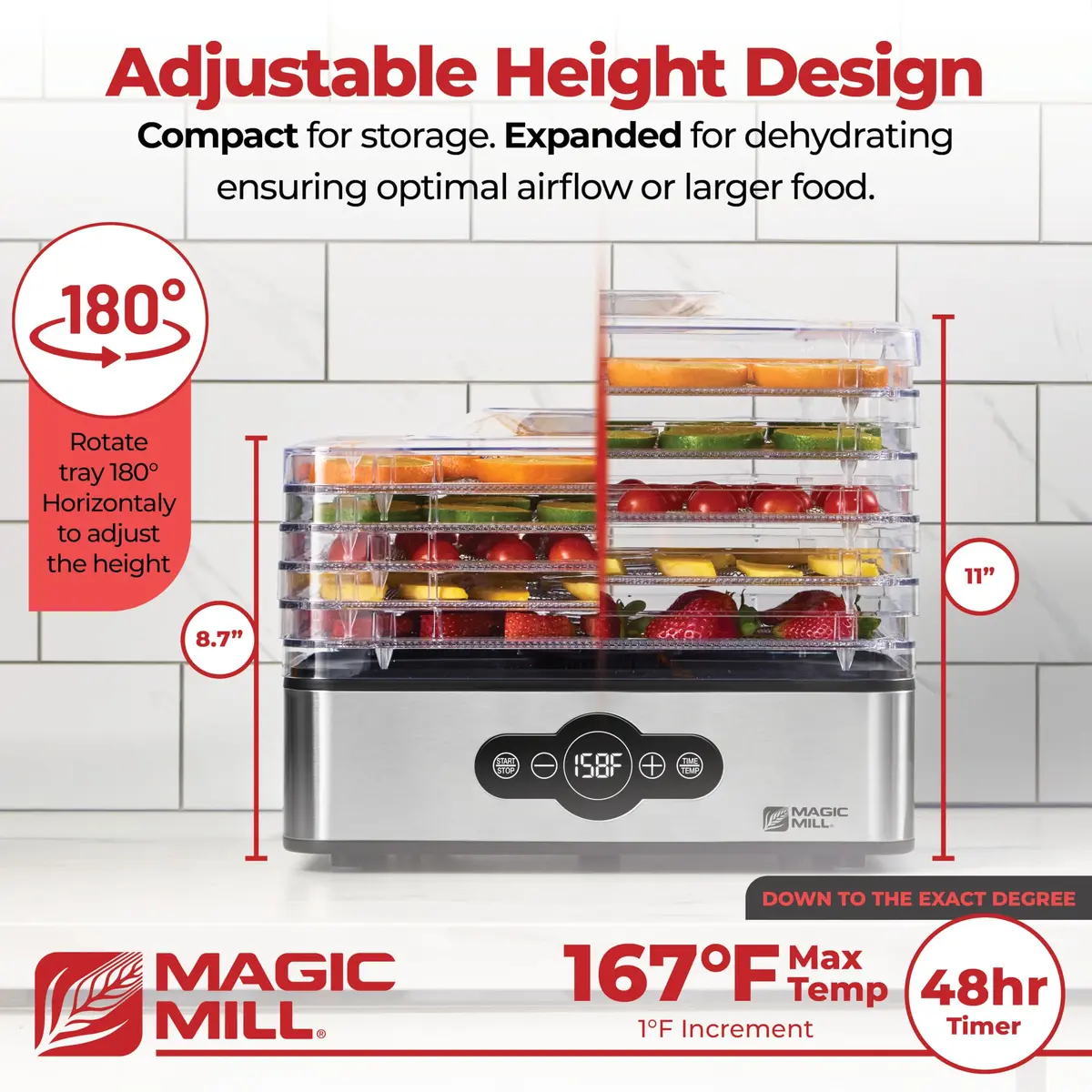 Magic Mill Food Dehydrator Machine | 5 Stackable Stainless Steel Trays, 48H Digital Timer & Temperature Control Up to 167°F - view 3