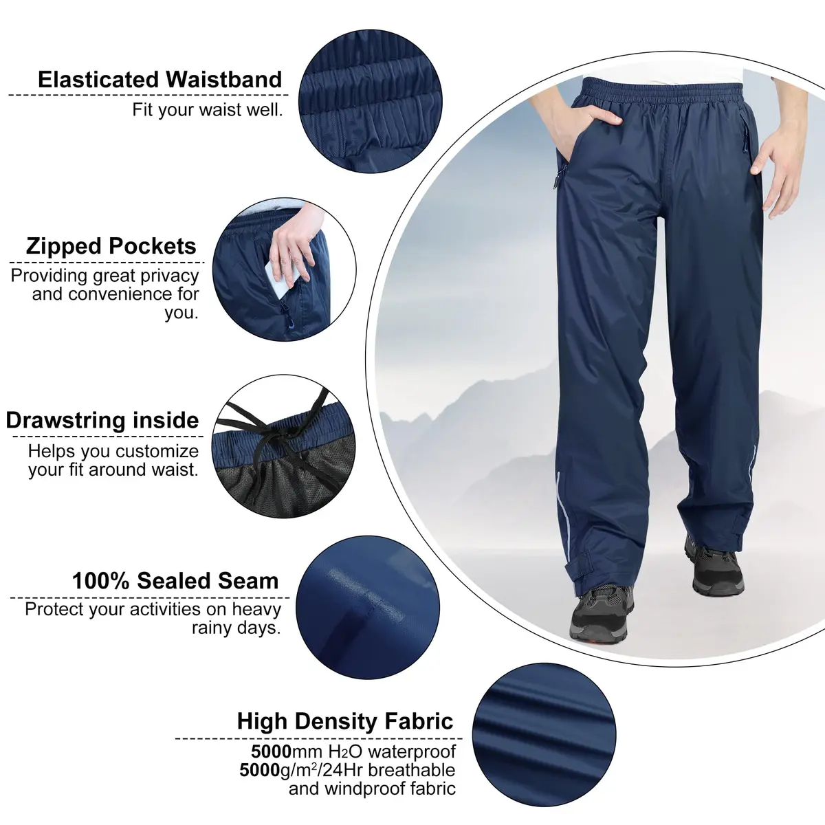 33,000ft Men's Rain Pants Waterproof Windproof Navy | Breathable, Seam-Sealed Outdoor Rainwear - view 5