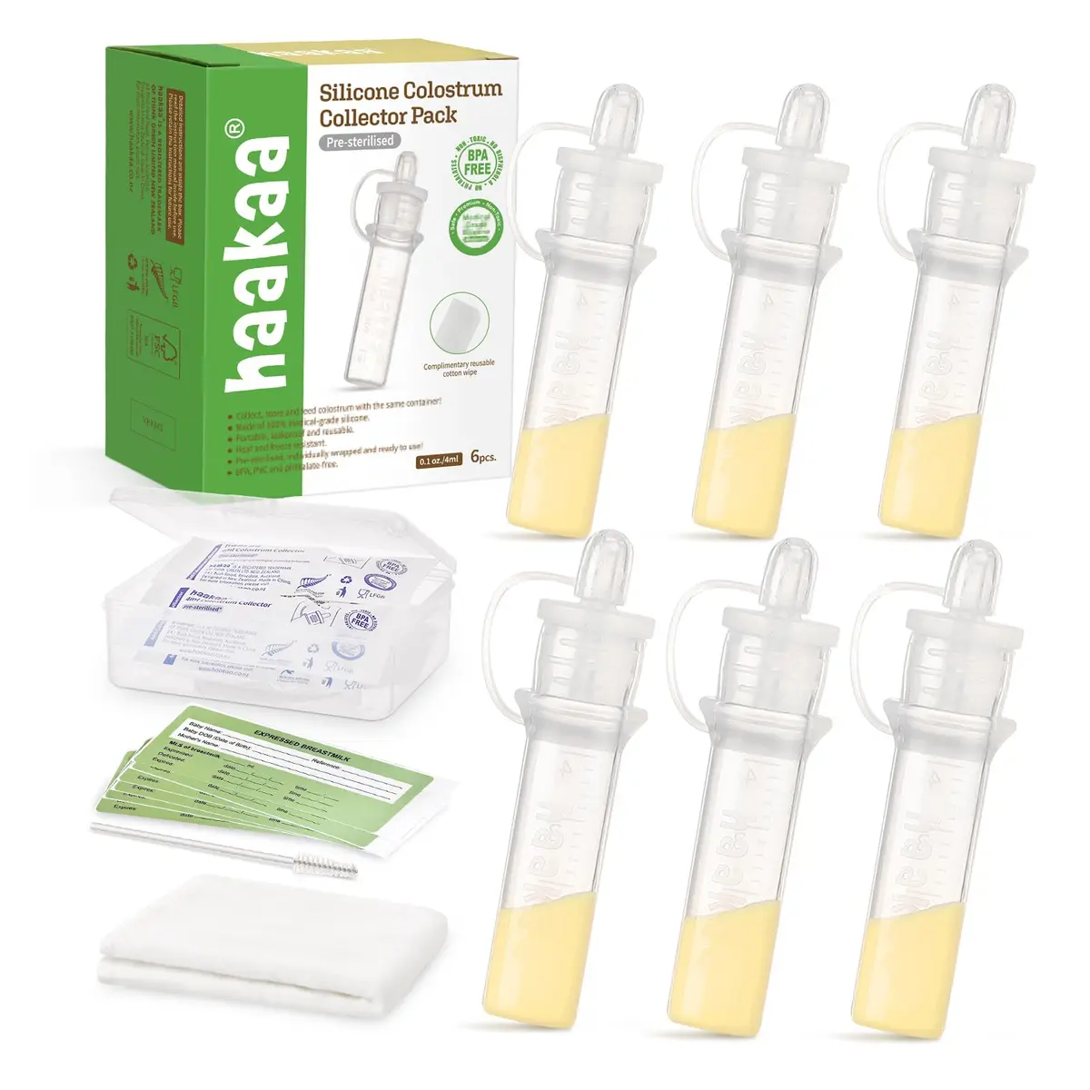 haakaa Colostrum Collector with Storage Case | 6 Pack, 4ml Silicone Breastfeeding Tool - main product image