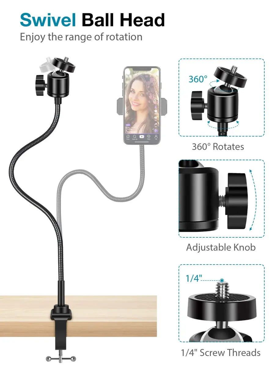 InnoGear 25-inch Gooseneck Webcam Stand with Phone Holder | Desk Mount for Logitech, NexiGo, and Smartphones - view 5