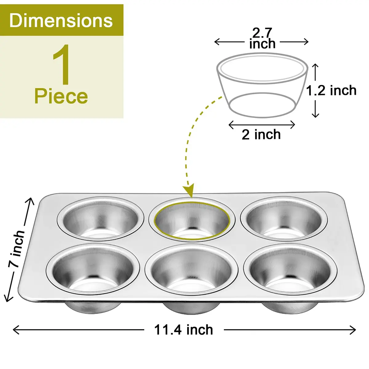 P&P CHEF 6-Cup Muffin Pan Tin, Stainless Steel Cupcake Pan 18cm (7" W) x 3.3cm (1.3" H) | Heavy Duty & Dishwasher Safe - view 2