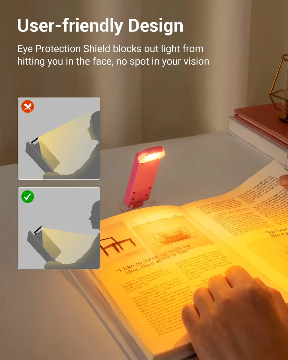 DEWENWILS USB Rechargeable Book Reading Light, LED Clip on Booklight Pink | Eye-Protecting, Portable, 8-Hour Battery - view 5