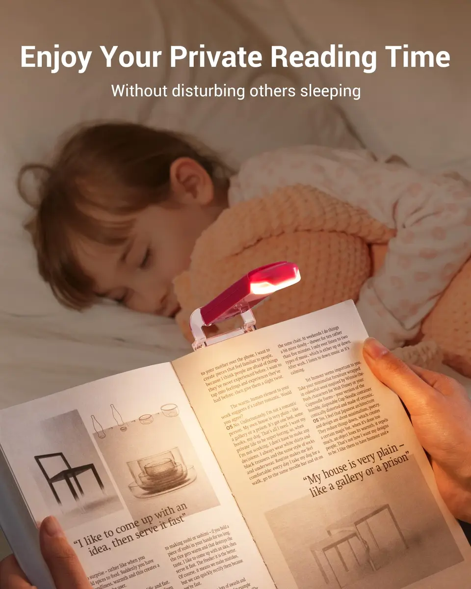 DEWENWILS USB Rechargeable Book Reading Light, LED Clip on Booklight Pink | Eye-Protecting, Portable, 8-Hour Battery - view 6
