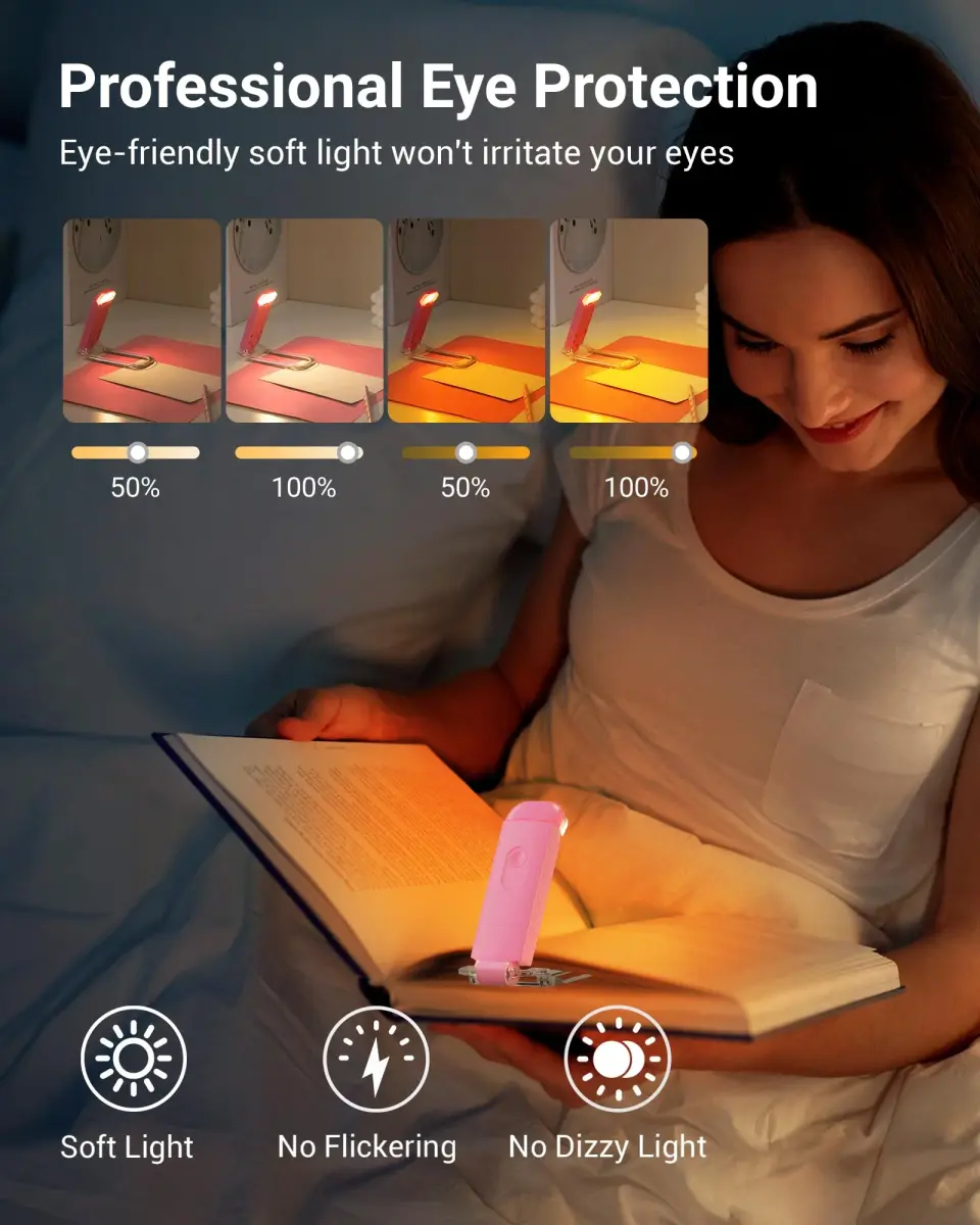 DEWENWILS Pink Clip-On Book Reading Light with USB Rechargeable Battery - view 2