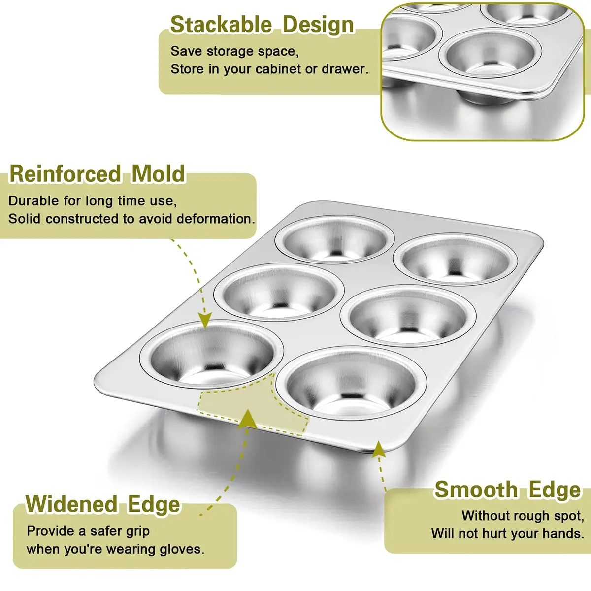 P&P CHEF 6-Cup Muffin Pan Tin, Stainless Steel Cupcake Pan, 2-Pack, 29.2cm x 18.7cm (11.4" L x 7" W) - view 3