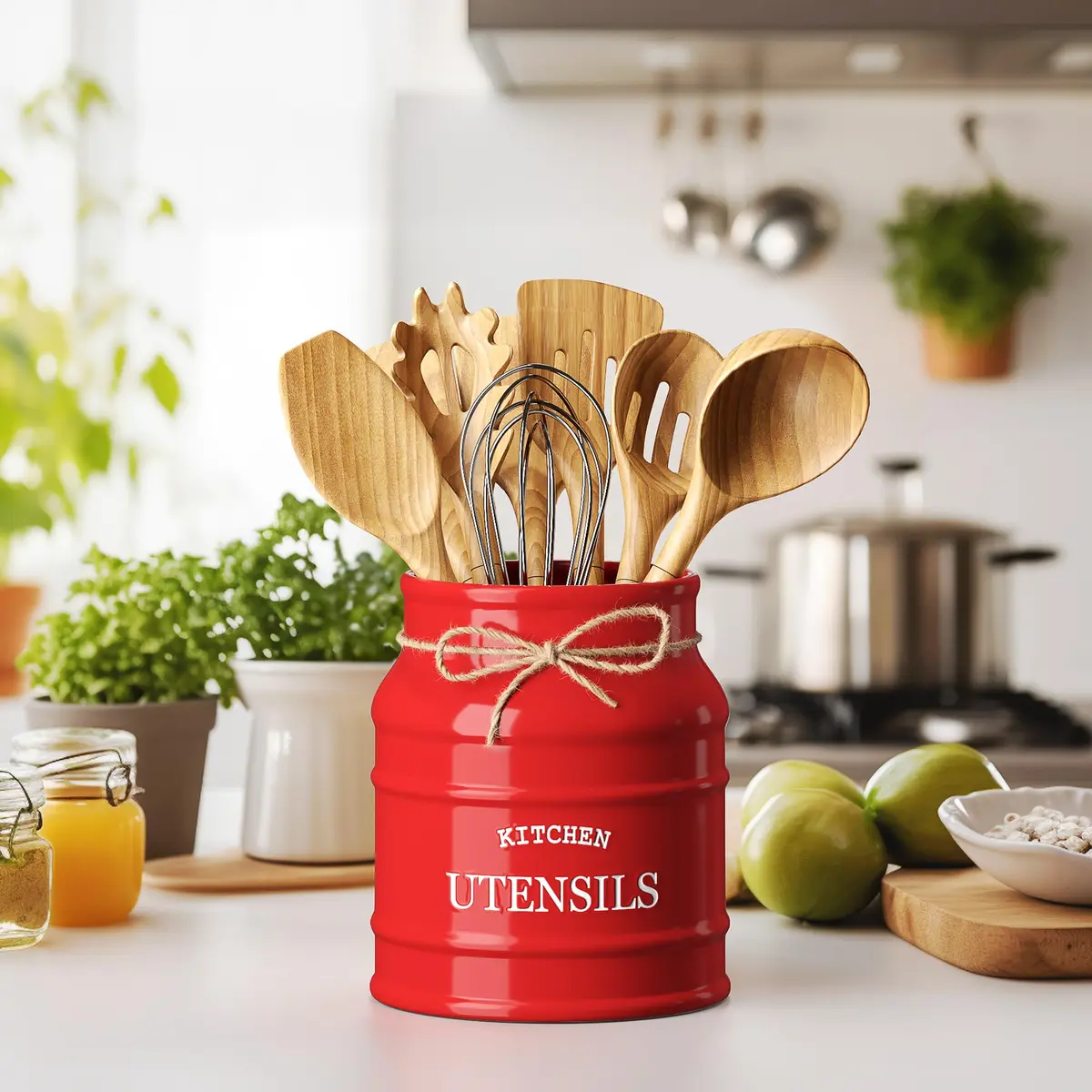 Barnyard Designs Ceramic Kitchen Utensil Holder Countertop 6.75″ (Red) | Rustic Farmhouse Decor - view 2