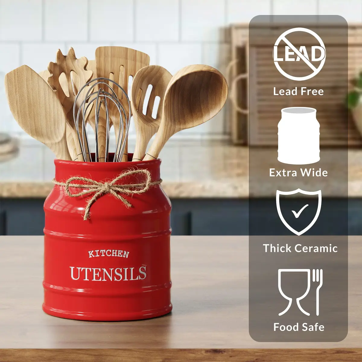 Barnyard Designs Ceramic Kitchen Utensil Holder Countertop 6.75″ (Red) | Rustic Farmhouse Decor - view 3