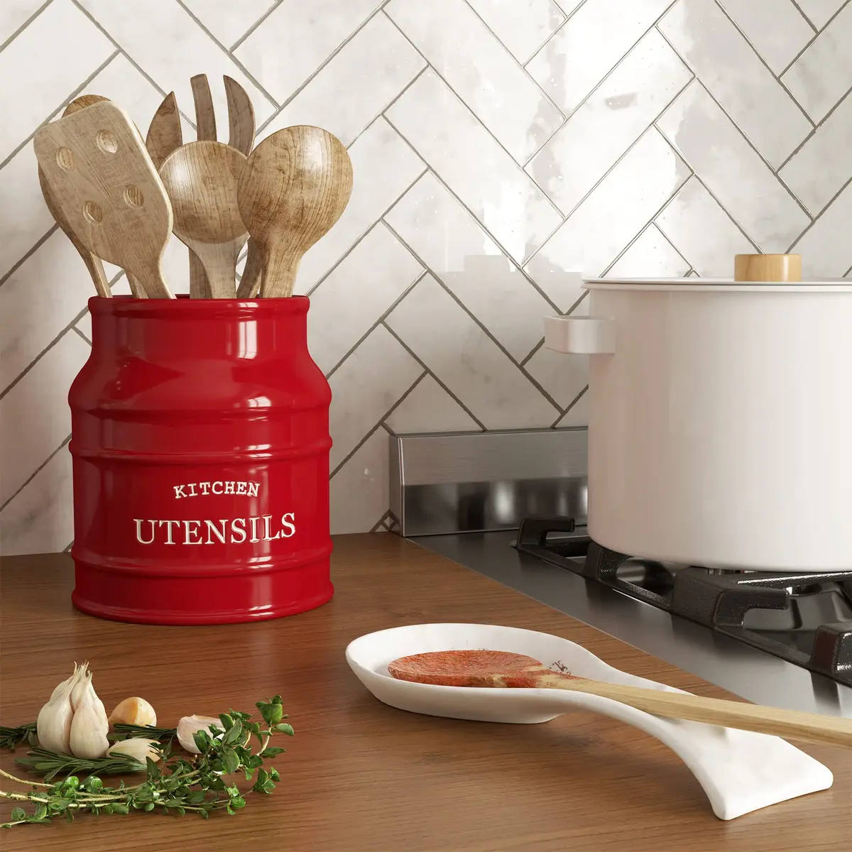 Barnyard Designs Ceramic Kitchen Utensil Holder Countertop 6.75″ (Red) | Rustic Farmhouse Decor - view 4